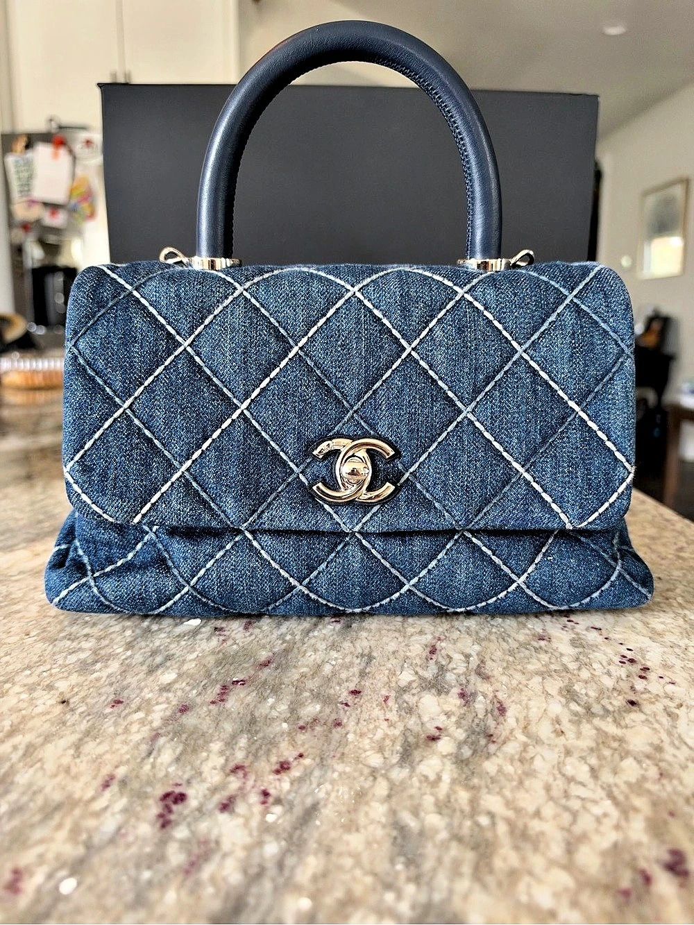 CHANEL Coco Handle Blue Quilted Denim Top Handle Bag Silver Hardware 27 Series